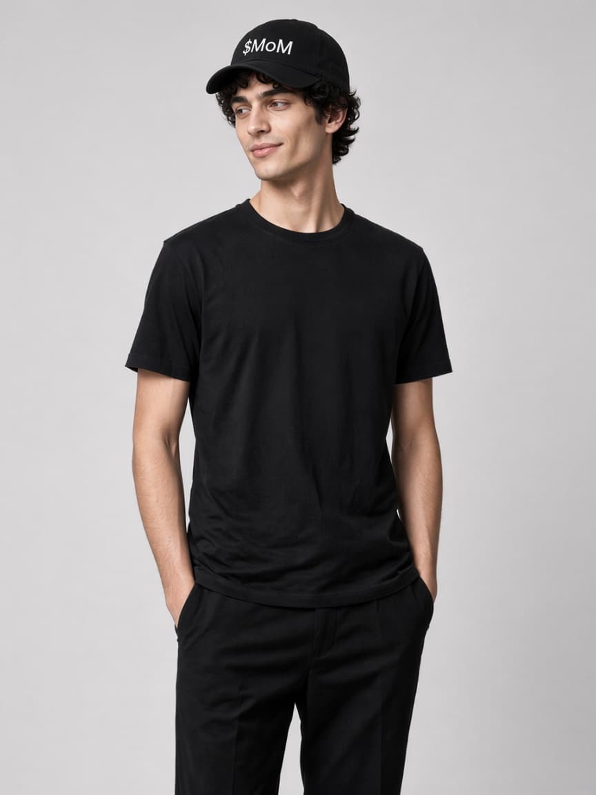 Model wearing a black $MOM cap